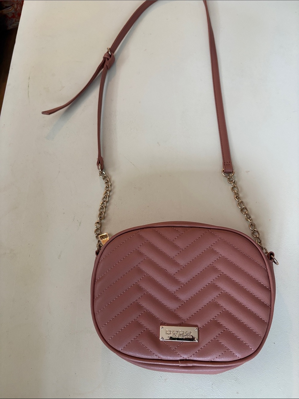bebe Quilted Mauve-Pink Crossbody with Gold Chain